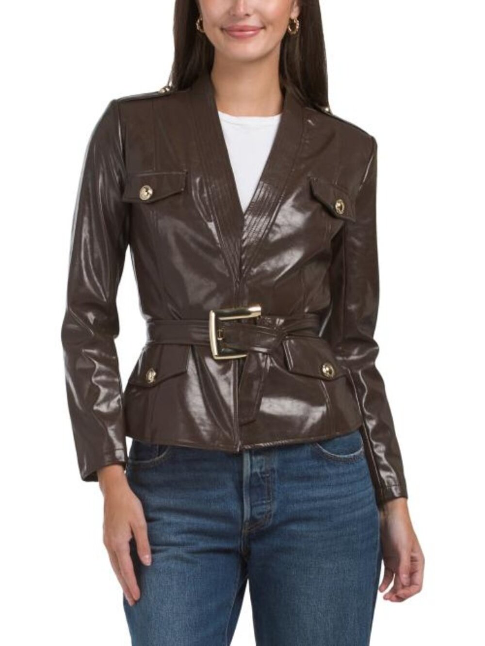 WDNY Faux Leather 4 Pocket Jacket With Belt